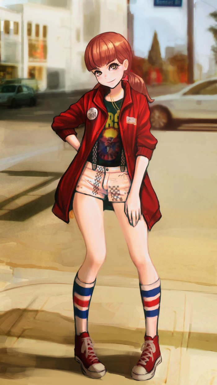 Anime girl in red jacket and shorts on street