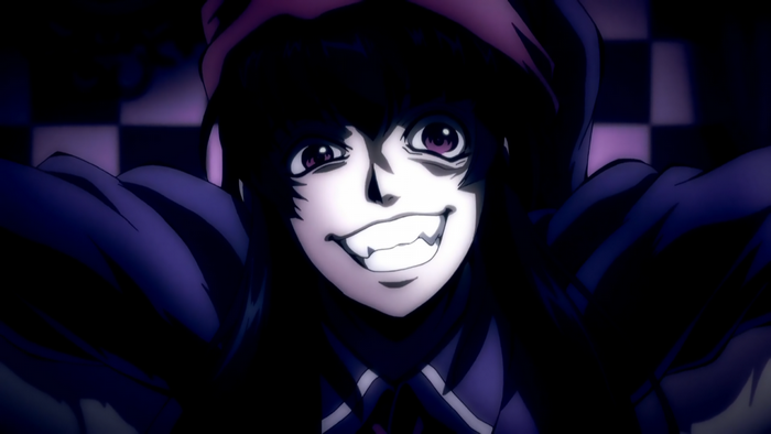 Anime character with dark hair and purple eyes