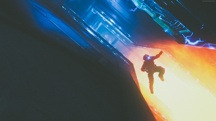 Astronaut falling through a cosmic tunnel with blue and orange light