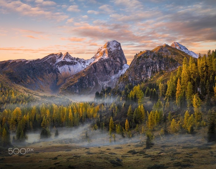 Mountain Valley at Sunrise with Mist and Autumn Trees
