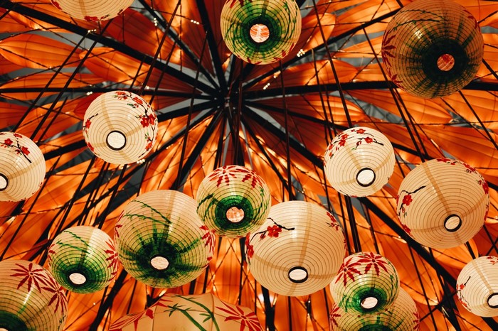 Hanging lanterns with floral and bamboo patterns