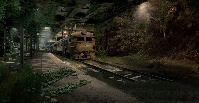 Abandoned train station overgrown with jungle vegetation