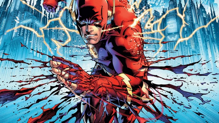 The Flash running through a city with lightning