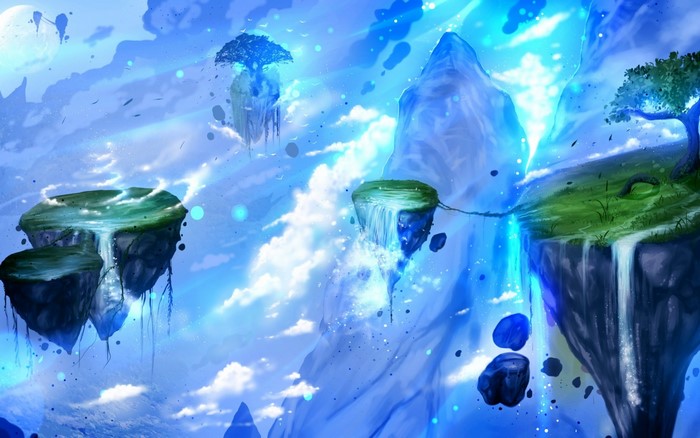 Fantasy art of floating islands with waterfalls and trees