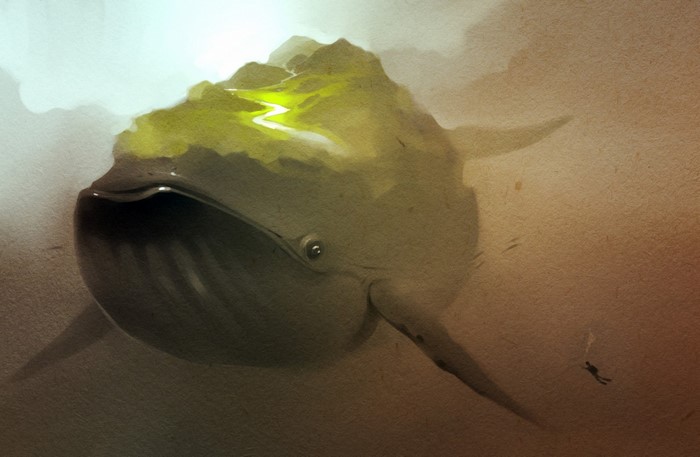 Whale with a mountain landscape on its back