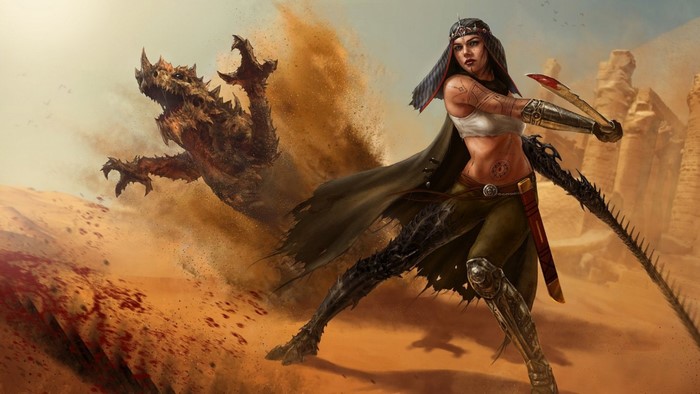 Woman warrior fighting a dragon in a desert