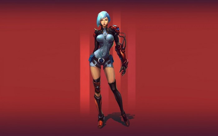 Woman with blue hair and cybernetic arm