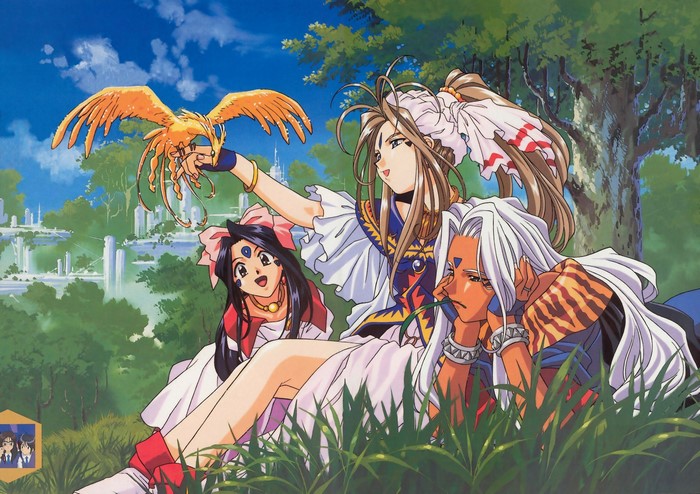 Anime characters with a bird in a fantasy landscape