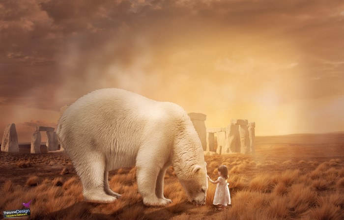 Child and Polar Bear in a Golden Savannah Landscape