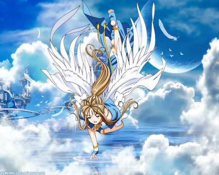 Belldandy from Ah My Goddess falling from the sky