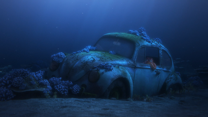 Hank the octopus in a sunken car from Finding Dory