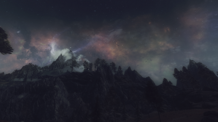 The Elder Scrolls V Skyrim night sky over mountains