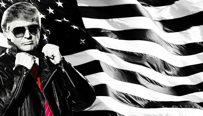 Donald Trump in a leather jacket with American flag