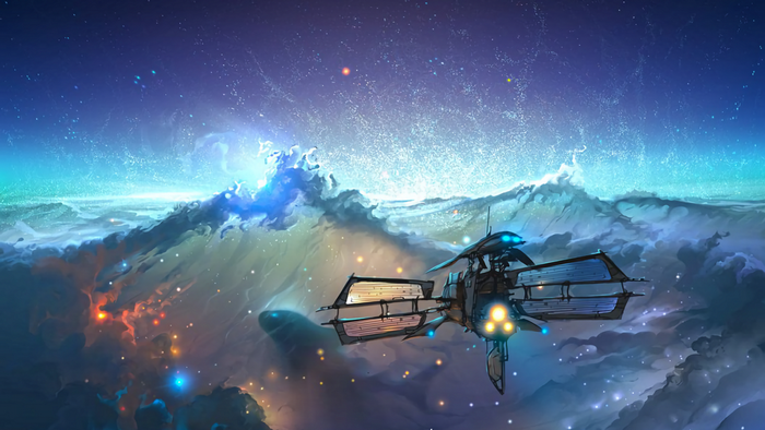 Spaceship flying through a colorful nebula in outer space