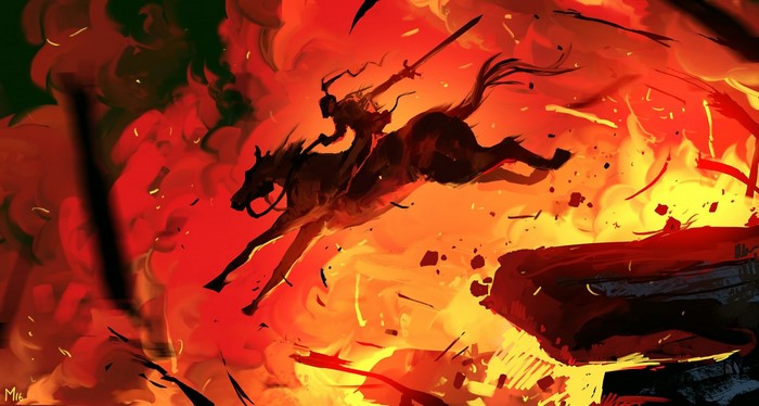 Knight on horseback in a fiery landscape