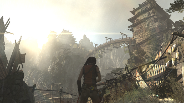 Lara Croft from Tomb Raider (2013) in a mountainous settlement
