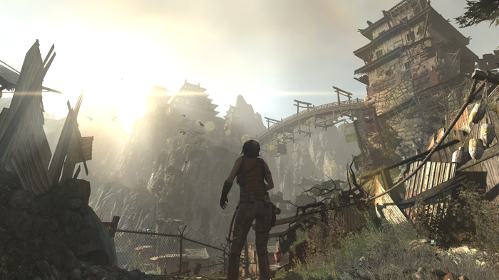 Lara Croft from Tomb Raider (2013) in a mountainous settlement