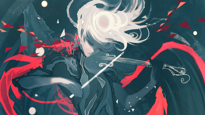 Anime woman playing violin with wolf and abstract elements