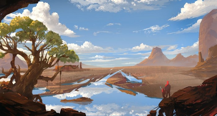 Desert landscape with a large tree and a reflective body of water