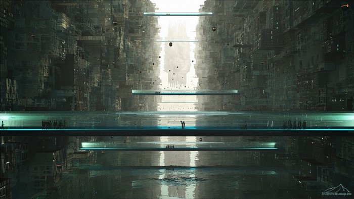 Futuristic cityscape with water and elevated walkways