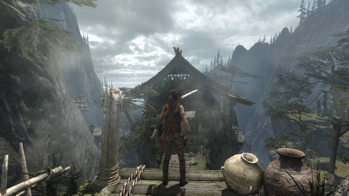 Lara Croft from Tomb Raider (2013) in a mountainous village