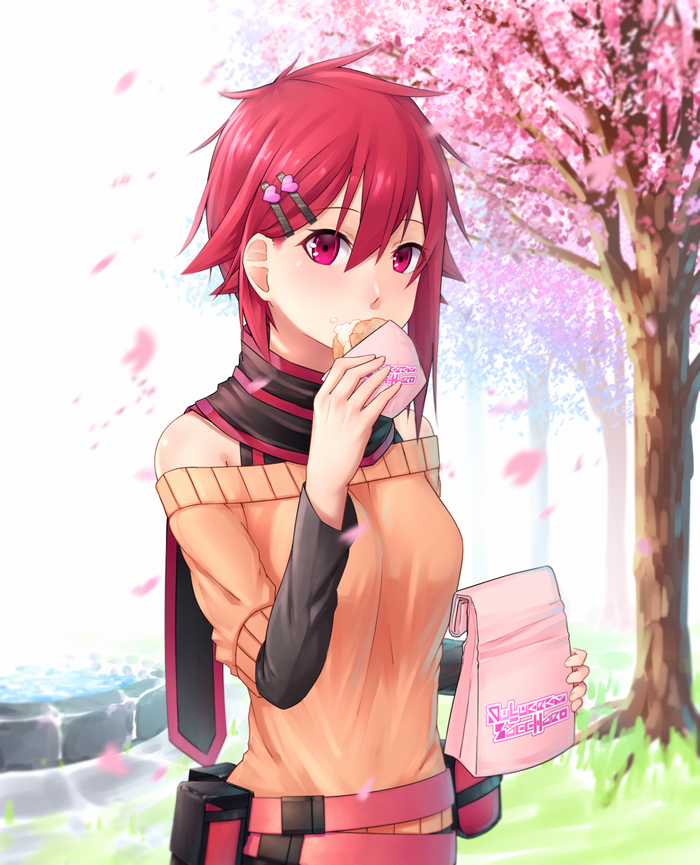 Anime girl with red hair eating food under cherry blossoms