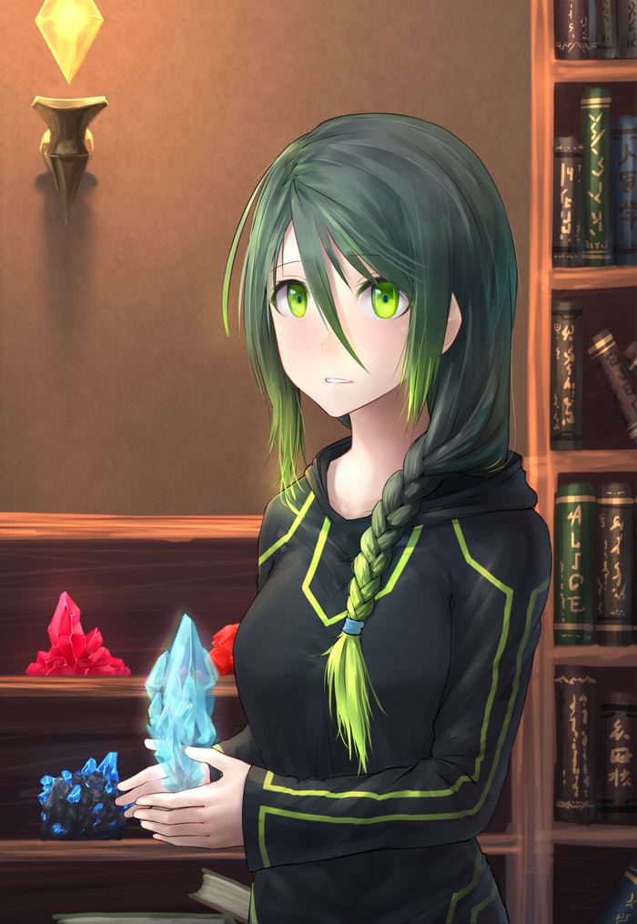 Anime girl with green hair and eyes holding crystals