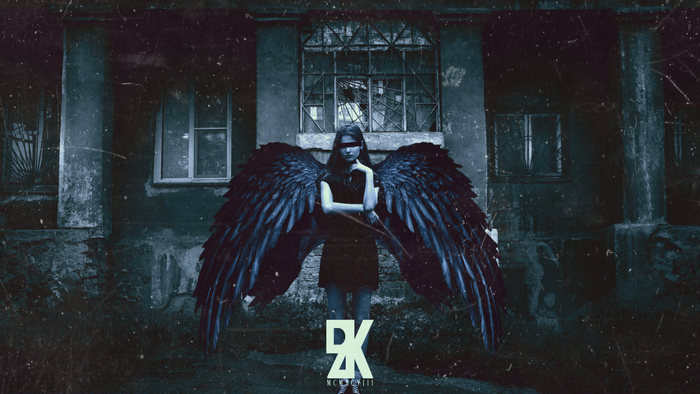 Woman with black wings in front of an old building