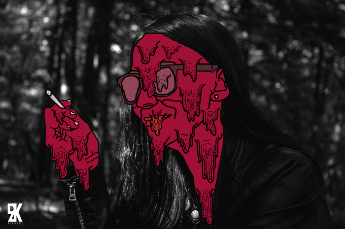 Person with melting red face smoking cigarette