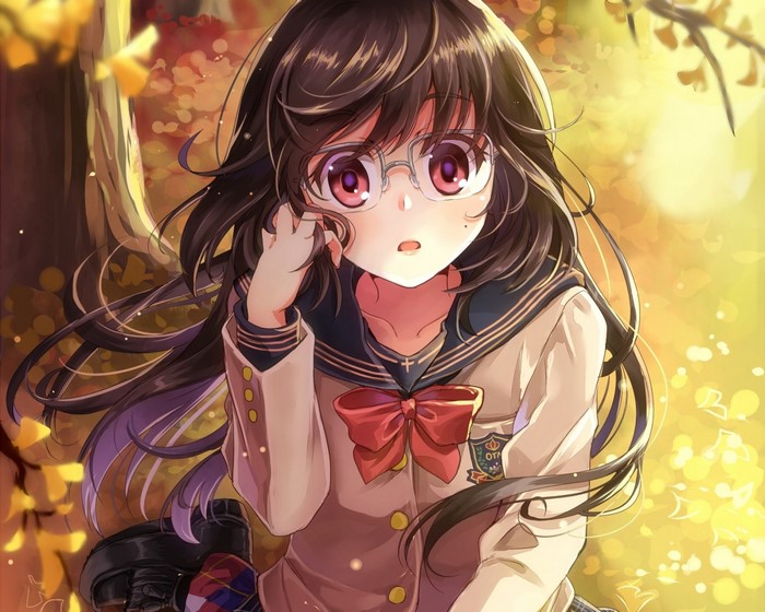 Anime girl with glasses and red bow