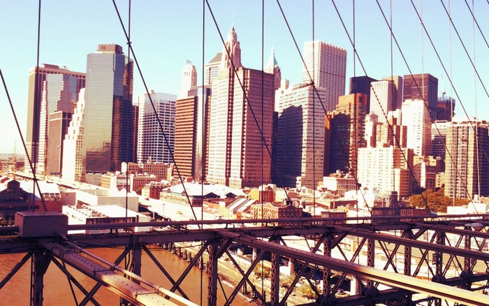 New York City skyline viewed from a bridge