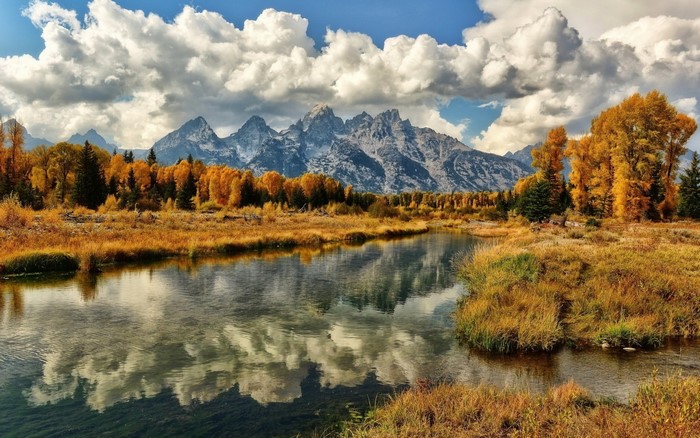 Autumn Landscape with Mountain Reflection in River