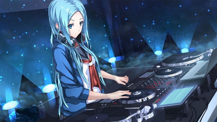 Anime girl with blue hair DJing with headphones