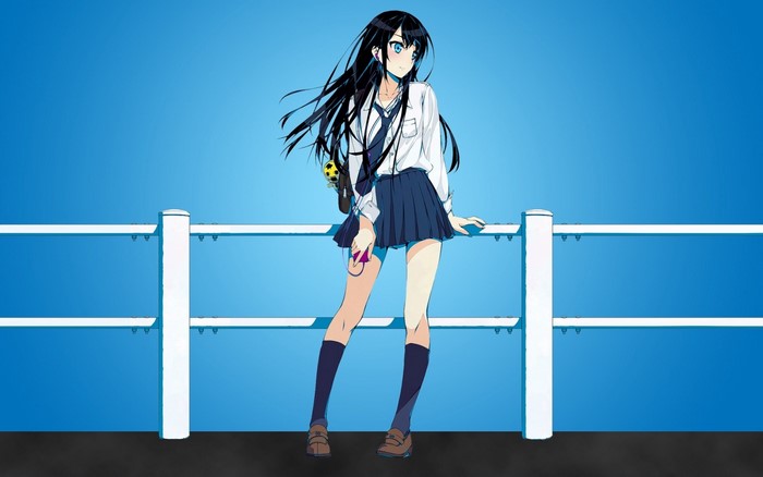 Anime girl with black hair and blue eyes wearing school uniform