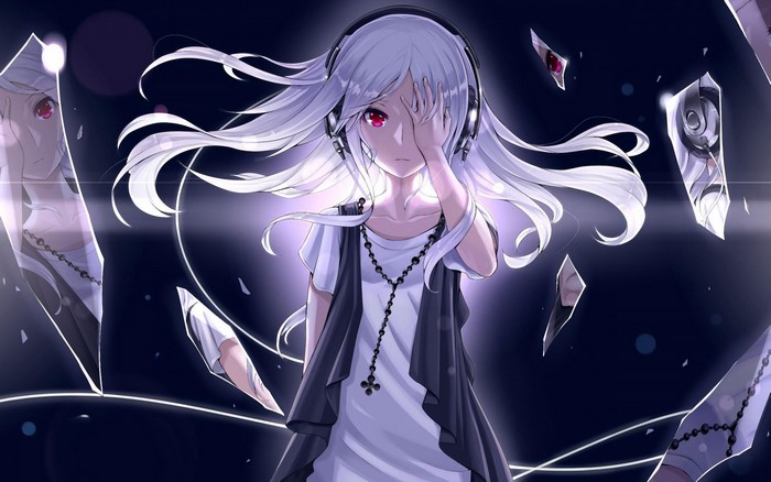 Anime girl with headphones and red eyes surrounded by broken mirrors