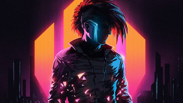 Klayton as Scandroid in a cyberpunk cityscape