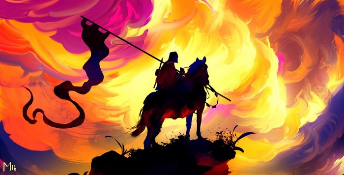 Knight on horseback with banner against fiery sky