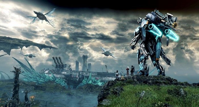 Xenoblade Chronicles X Skell and characters on a cliff