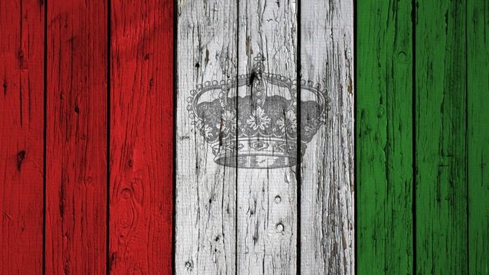 Italian flag on a wooden texture with a crown