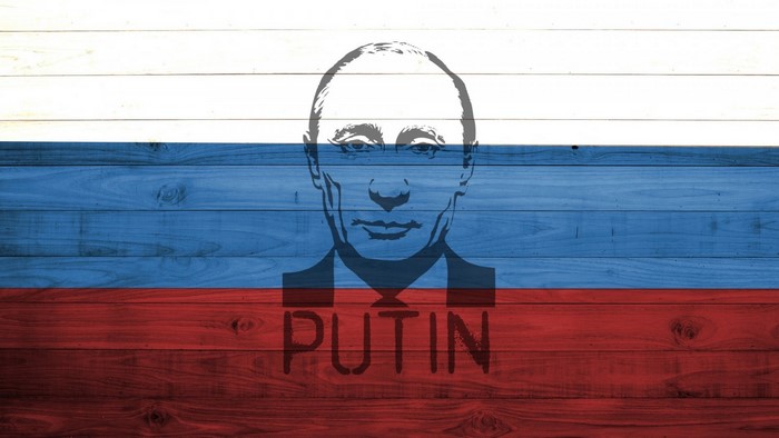 Vladimir Putin Silhouette on Russian Flag Wooden Background