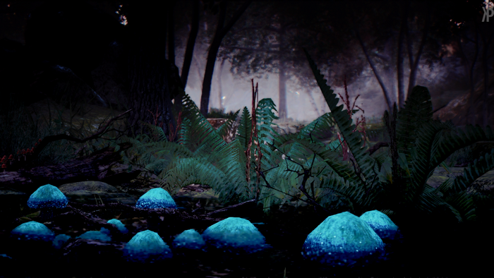 Bioluminescent mushrooms in a dark forest at night