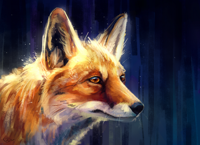 Close-up painting of a red fox in a dark forest