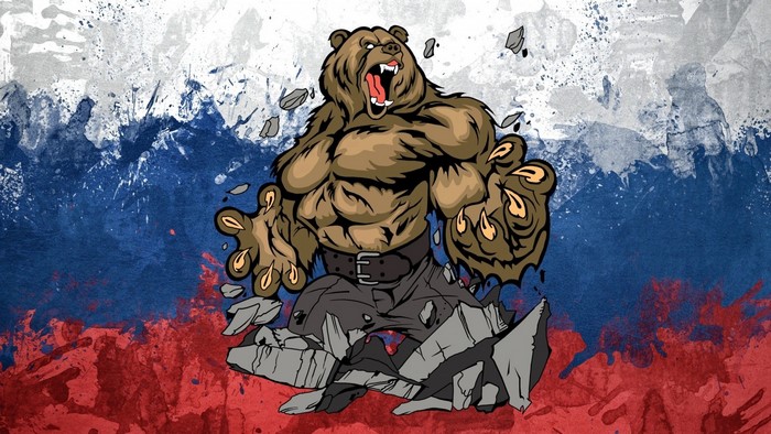 Muscular cartoon bear breaking through rocks in front of Russian flag
