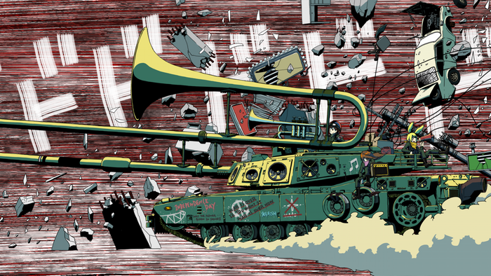 Anime characters on a tank with a trombone