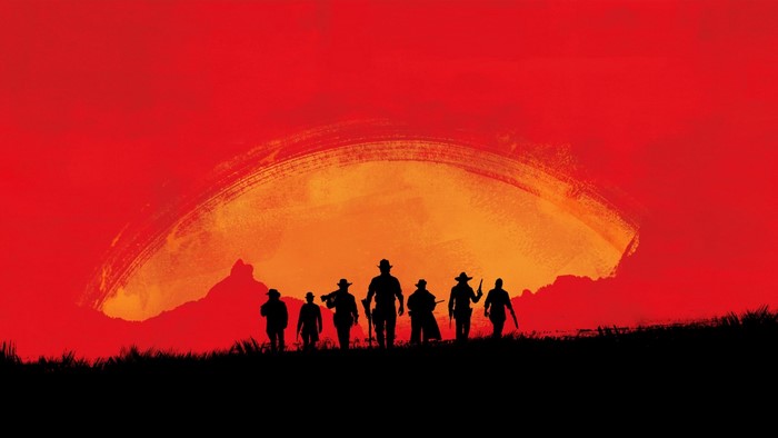 Red Dead Redemption 2 group of cowboys at sunset