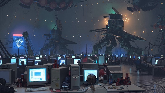 Cyberpunk computer room with giant robots