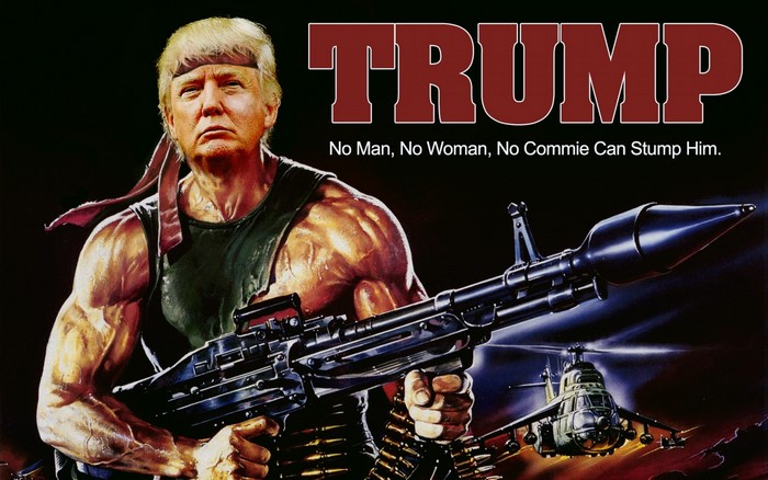 Donald Trump as Rambo with a rocket launcher