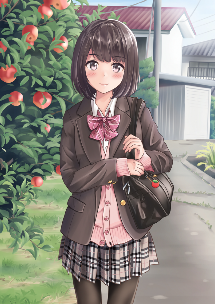 Anime Schoolgirl with Apples and Plaid Skirt