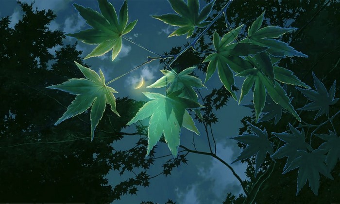 The Garden of Words night scene with maple leaves and moon