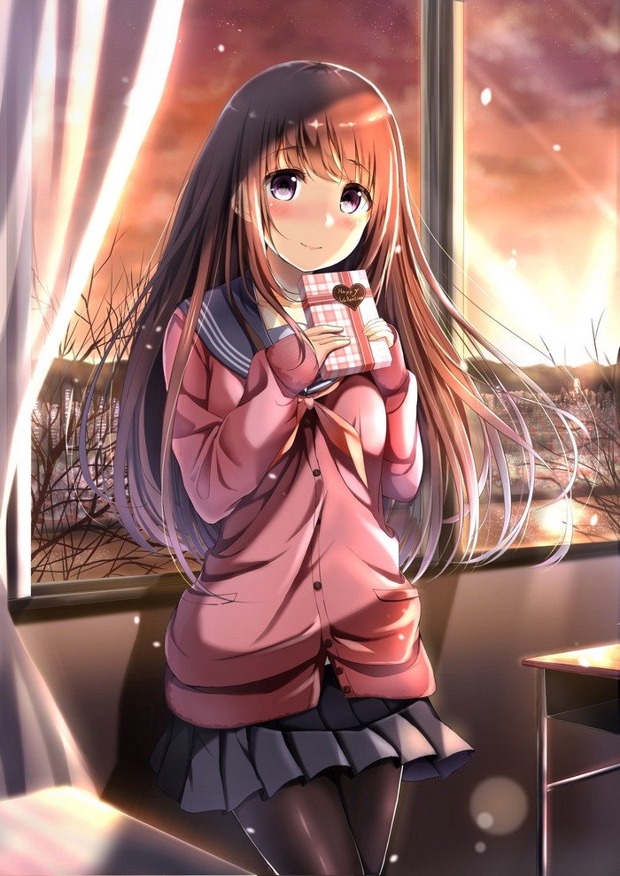 Anime girl holding a Valentine's Day gift
